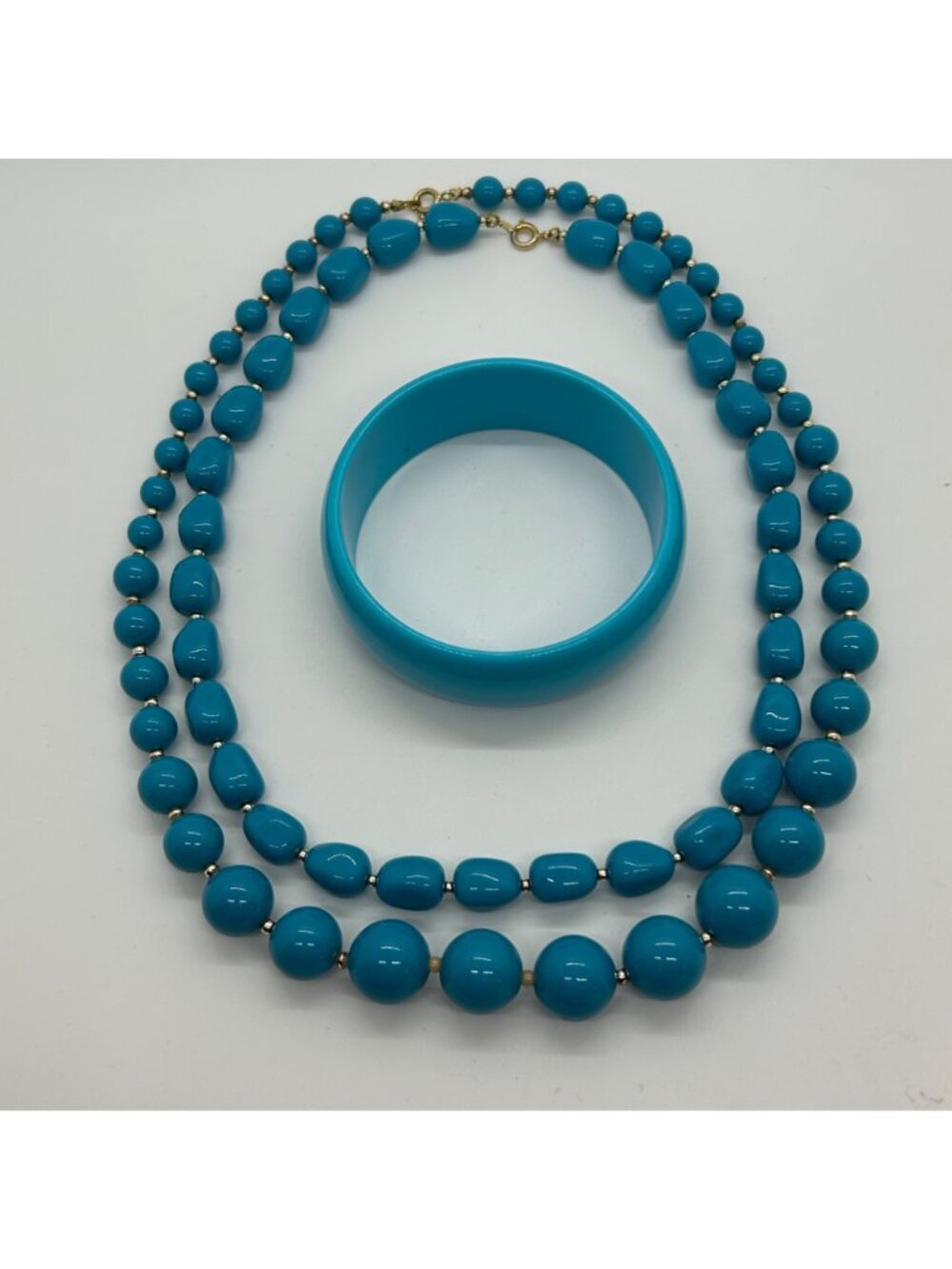 Vintage Turquoise Acrylic Set 2 Necklaces Bangle Bracelet Chunky Bead Statement - Picture 6 of 13
